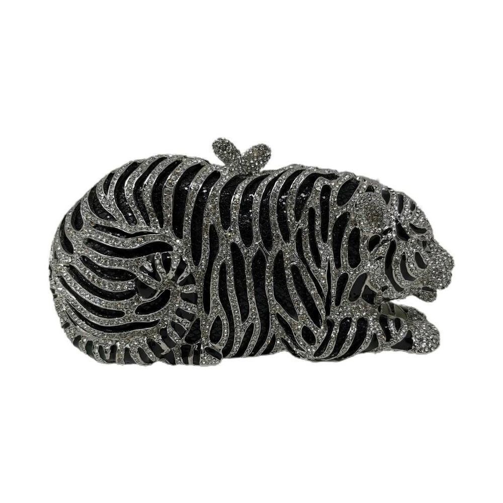 NTW Black and Silver Crystal Tiger Clutch